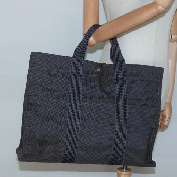 HERMES Her Line MM Hand Bag Canvas Gray Auth - Picture 1 of 16